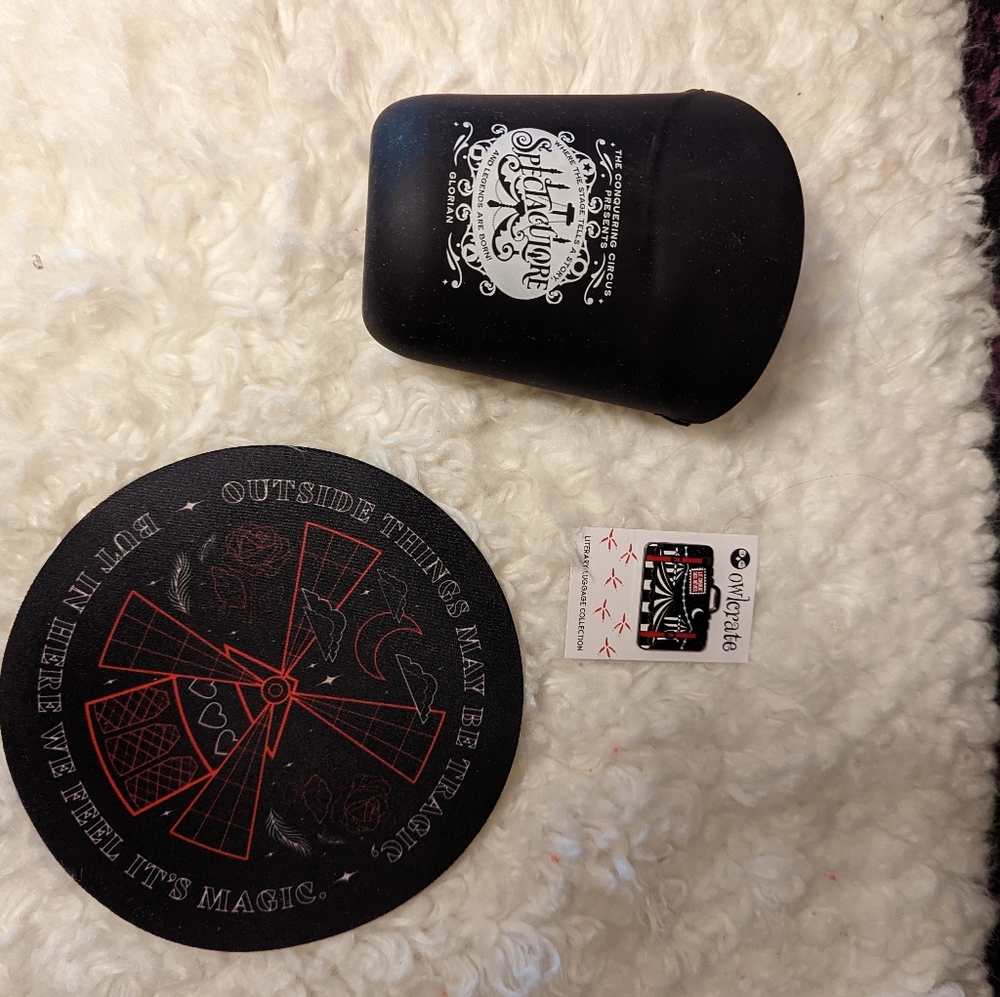 Owl Crate April 2022 mouse pad, popcorn holder, April pin